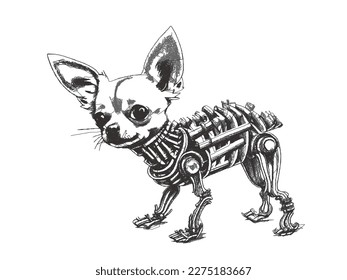 Biomechanical Chihuahua cyborg. Doodle sketch. Vector illustration.