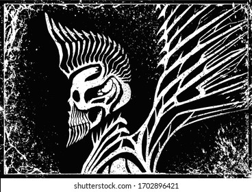Biomechanical, gothic skull with iroquois or crest and beard, skeleton of an dark fallen angel, devil or demon, with sharp geometric wings raised up, with splashes and texture on background.