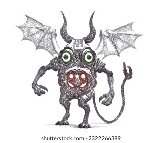 Biomechanical Monster with horns and wings. Scribble sketch. Linear Vector illustration.