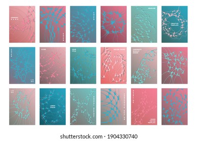 Biomedical brochure cover templates vector set. Worldwide teamwork concept backgrounds. Healthcare magazine cover layouts. Neuron cells patterns. Tech data abstract graphics.