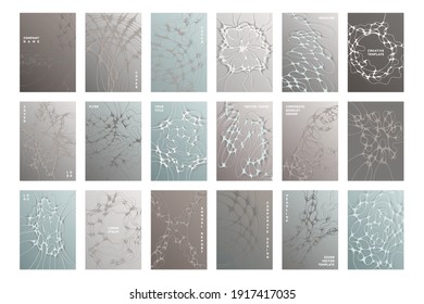 Biomedical brochure cover templates vector set. Energy flows concept backgrounds. Medicine scientific magazine cover layouts. Neuron connections textures. Thinking process abstractions.