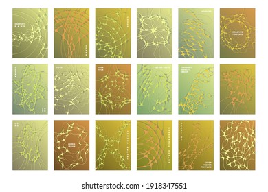Biomedical brochure cover templates vector set. Communication concept backgrounds. Modern corporate magazine cover layouts. Neuron cells textures. Labortory folder covers collection.