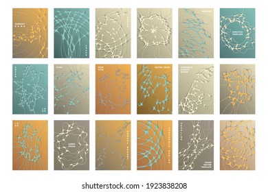Biomedical brochure cover templates vector set. Energy flows concept backgrounds. Medicine scientific magazine cover layouts. Intersecting waves patterns. Brain research presentation backdrops.