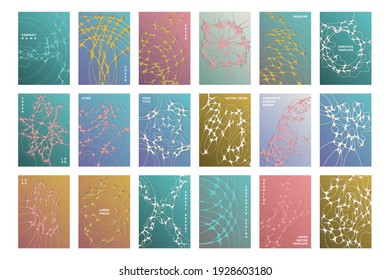 Biomedical brochure cover templates vector set. Energy flows concept backgrounds. Healthcare magazine cover layouts. Intersecting waves patterns. Labortory manual covers collection.