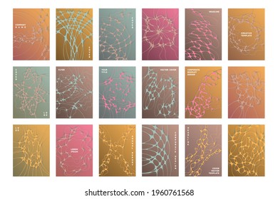 Biomedical brochure cover templates vector set. Worldwide teamwork concept backgrounds. Healthcare magazine cover layouts. Curve lines grid patterns. Labortory manual covers collection.