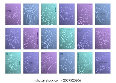 Biomedical brochure cover templates vector set. Worldwide teamwork concept backgrounds. Healthcare magazine cover layouts. Intersecting waves patterns. Futuristic posters collection.