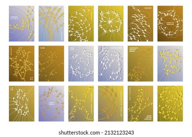 Biomedical brochure cover templates vector set. Communication concept backgrounds. Modern corporate magazine cover layouts. Neuron cells patterns. Thinking process abstractions.