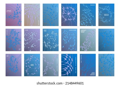 Biomedical brochure cover templates vector set. Neurons plexus concept backgrounds. Medicine scientific magazine cover layouts. Neuron cells textures. Tech data abstract graphics.