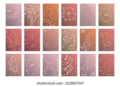 Biomedizinische Broschüren Titelvorlagen Vektorset. Hintergründe des Kommunikationskonzepts. Das Gesundheitsmagazin deckt die Layouts ab. Krümmt die Gittermuster. Technische Daten abstrakte Grafiken.