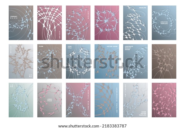 Biomedical brochure cover templates vector set.\
Neurons plexus concept backgrounds. Medicine scientific magazine\
cover layouts. Intersecting waves patterns. Business flyer\
templates design.