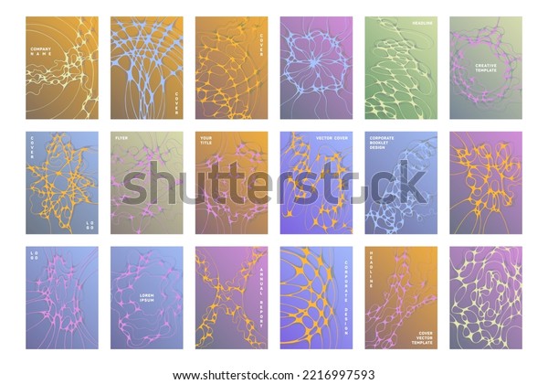 Biomedical brochure cover templates vector\
set. Communication concept backgrounds. Medicine scientific\
magazine cover layouts. Intersecting waves patterns. Labortory\
folder covers\
collection.