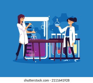 Biomedical or chemical research laboratory with scientists female characters. Scientific experiment in laboratory, flat vector illustration isolated on blue background.