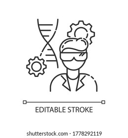 Biomedical Engineer Pixel Perfect Linear Icon. Biotechnology Field Specialist. Microbiology Work. Thin Line Customizable Illustration. Contour Symbol. Vector Isolated Outline Drawing. Editable Stroke