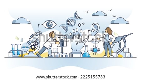 Biomedical engineer as work with medicine and technology outline concept. Combination with biological chemistry and mechanical tech for innovative microbiological healthcare tests vector illustration.