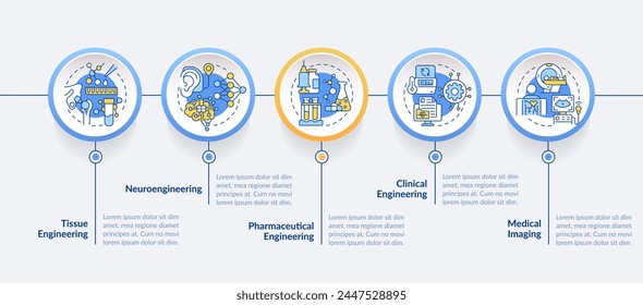 Biomedical engineering blue circle infographic template. Data visualization with 5 steps. Editable timeline info chart. Workflow layout with line icons. Lato-Bold, Regular fonts used