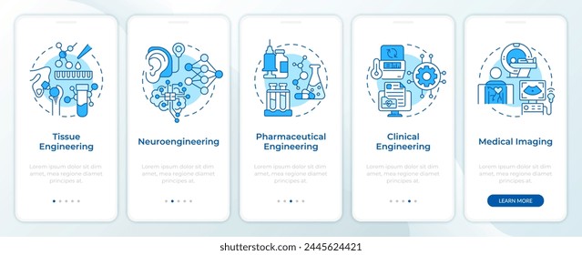 Biomedizintechnik Blue Onboarding Mobile App-Bildschirm. Exemplarische Vorgehensweise 5-stufige, bearbeitbare grafische Anweisungen mit linearen Konzepten. UI, UX, GUI-Vorlage. Montserrat SemiBold, normale Schriftarten verwendet