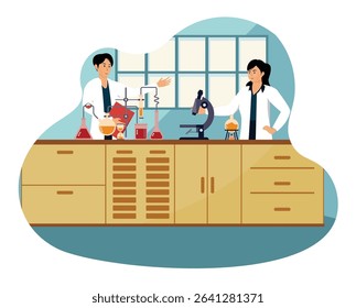 Biomedical engineering concept. Two scientists collaborating on experiments in a laboratory, equipped with instruments including a microscope and glassware.