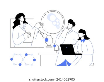 Biomedizinische Technik, einzelne Cartoon-Vektorgrafiken. Lächelnder biomedizinischer Ingenieurprofessor berät seine Meister mit Theorie, indem er chemische Analyse Vektorgrafik.