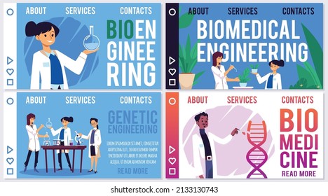 Biomedical Engineering Landing Page Templates, Scientists Doing Research, Flat Vector Illustration. Web Banners Set With Concept Of Bio Medicine And Genetic Engineering.