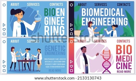 Biomedical engineering landing page templates, scientists doing research, flat vector illustration. Web banners set with concept of bio medicine and genetic engineering.