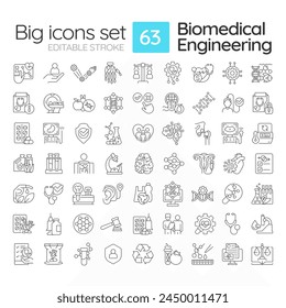 Conjunto de iconos lineales de ingeniería biomédica. Biotecnología en salud. Bioética. Equipo médico. Símbolos de línea fina personalizables. Ilustraciones de contorno de Vector aisladas. Trazo editable