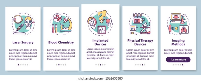 Biomedical engineering onboarding mobile app page screen with linear concepts. Laser surgery. Blood chemistry. Five walkthrough steps graphic instructions. UX, UI, GUI vector template, illustrations