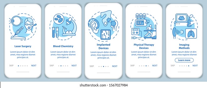 Biomedical engineering onboarding mobile app page screen with linear concepts. Blood chemistry. Five walkthrough steps graphic instructions. Laser surgery. UX, UI, GUI vector template, illustrations