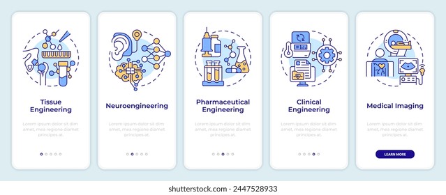 Biomedical engineering onboarding mobile app screen. Walkthrough 5 steps editable graphic instructions with linear concepts. UI, UX, GUI template. Montserrat SemiBold, Regular fonts used