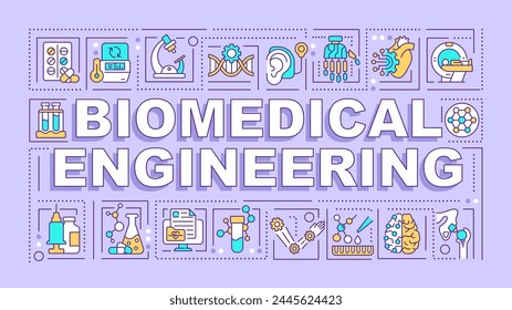 Biomedical engineering purple word concept. Biotechnology. Typography banner. Flat design. Vector illustration with title text, editable line icons. Ready to use. Arial Black font used