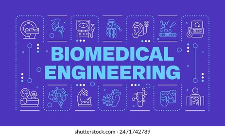 In: Biomedical Engineering purple word concept. Medizinische innovative Technologien. Biotechnologie. Horizontale Vektorgrafik Bild. Überschriftentext umgeben von bearbeitbaren Gliederungssymbolen