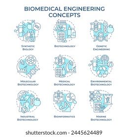 Biomedical engineering soft blue concept icons. Biotech fields. Academic disciplines. Icon pack. Vector images. Round shape illustrations. Abstract idea. Easy to use in presentation