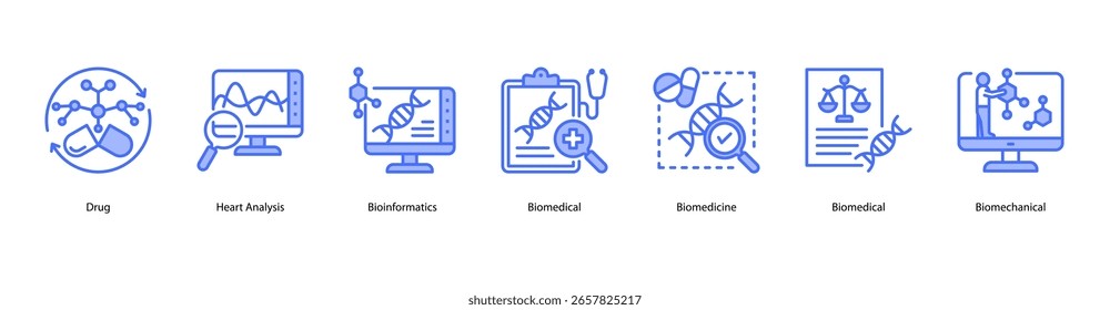 Biomedical innovation web banner icon vector illustration showing Drug, Heart Analysis, Bioinformatics, Biomedical, Biomedicine, Biomedical, and Biomechanical.