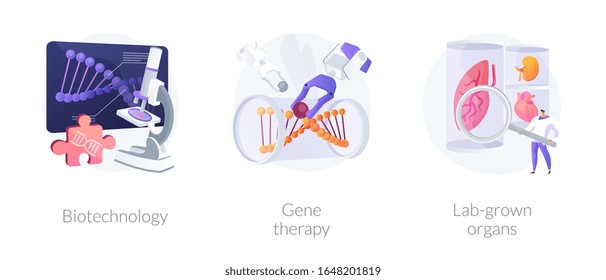 Biomedical and molecular engineering, dna molecule analysis, scientific experiment. Biotechnology, gene therapy, lab-grown organs metaphors. Vector isolated concept metaphor illustrations.