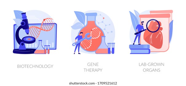 Biomedical and molecular engineering, dna molecule analysis, scientific experiment. Biotechnology, gene therapy, lab-grown organs metaphors. Vector isolated concept metaphor illustrations.