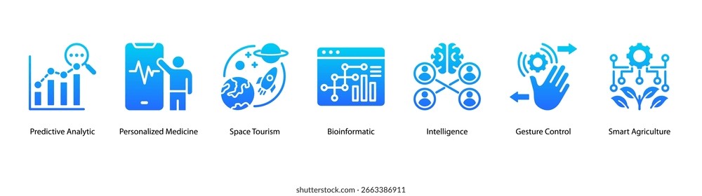 Biomedical and Predictive Science web banner icon vector illustration featuring Predictive Analytic, Personalized Medicine, Space Tourism, Bioinformatic, Intelligence, and Smart Agriculture.