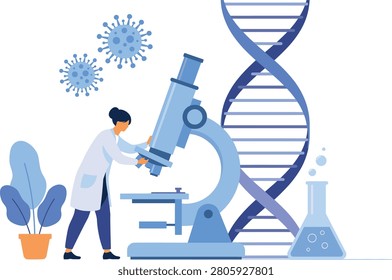 Biomedical Science Research Vector Illustration Featuring Female Scientist Using Microscope DNA Double Helix Structure and Virus Microbes.eps