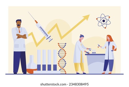 Biomedical scientists working in laboratory vector illustration. Doctors discussing innovative research methods in medicine, detection of rare diseases, creating cure. Medicine, science concept