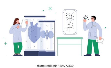 Biomedical Technology Concept With Scientists Growing Bioengineered Human Organs And Studying DNA Code, Flat Vector Illustration Isolated On White Background.