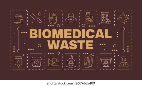 Biomedical waste brown word concept. Biohazard, infection. Infectious diseases, pharmacy. Horizontal vector image. Headline text surrounded by editable outline icons