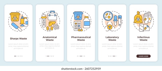Biomedical waste onboarding mobile app screen. Toxic, chemicals. Walkthrough 5 steps editable graphic instructions with linear concepts. UI, UX, GUI