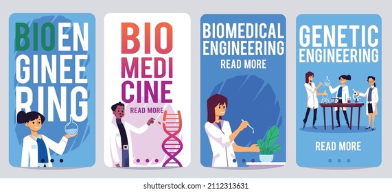 Biomedicine And Bioengineering Banners Or Posters Collection, Cartoon Flat Vector Illustration. Biomedical Researches And Genetic Engineering Scientific Concept.