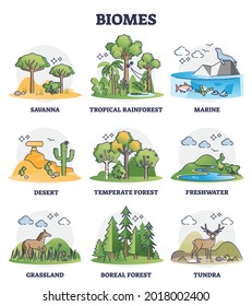 Biomes as biogeographical climate zones division in outline collection set. Different weather environments and habitat description vector illustration. Savanna, marine, desert and tundra examples. - Shutterstock ID 2018002400