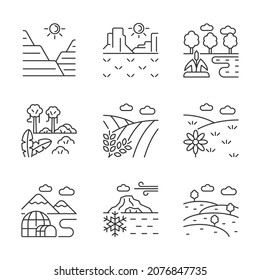 Biomes and landforms linear icons set. Dry and moist climate zones. Northern and southern regions. Customizable thin line contour symbols. Isolated vector outline illustrations. Editable stroke