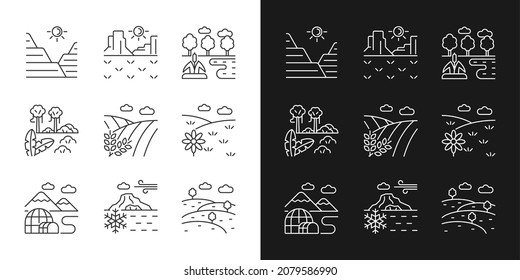 Biomes and landforms linear icons set for dark and light mode. Dry and moist climate zones. Diverse regions. Customizable thin line symbols. Isolated vector outline illustrations. Editable stroke