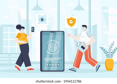 Biometric access control concept in flat design. Security service working scene. Man and woman use fingerprint scanner, access to device. Vector illustration of people characters for landing page