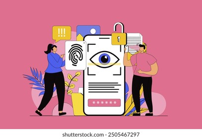 Concepto de control de acceso biométrico con diseño plano moderno para el Web. Mujer y hombre desbloqueando el teléfono móvil utilizando el escáner de huellas dactilares y el reconocimiento ocular. Protección de datos personales. Ilustración vectorial.