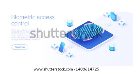 Biometric access control in isometric vector illustration. Fingerprint screening security system concept. Digital touch scan identification or electronic sensor authentication. Web banner layout.