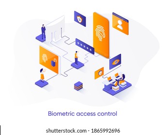 Biometric access control isometric web banner. Fingerprint scan control isometry concept. Biometrics identification 3d scene, access verification flat design. Vector illustration with people character