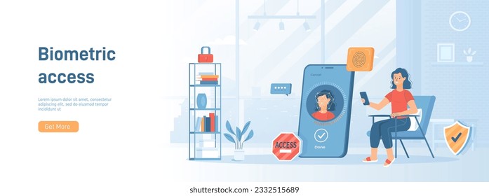 	
Biometrische Zugangskontrolle, persönliche Überprüfung. Identifikation mit Fingerabdruck-Matching, Gesichtserkennung.Flat Konzept ideal für Social Media Werbematerial. Website-Banner auf weißem Hintergrund