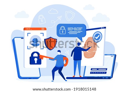 Biometric access control web design with people characters. Biometrics identification and verification. Fingerprint scanning technology. Vector illustration for social media promotional materials.